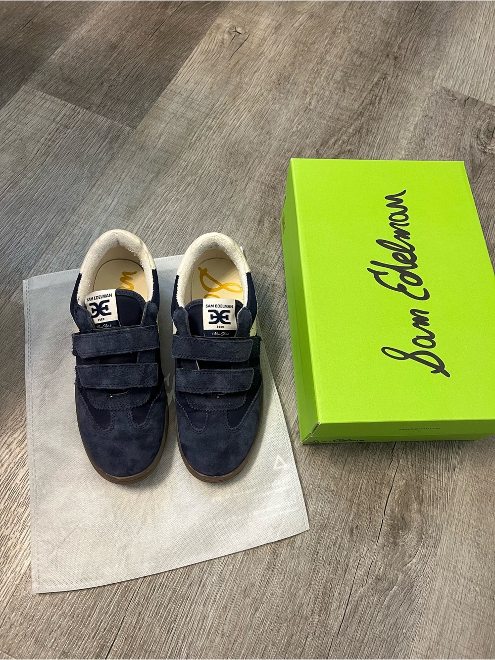 Sam Edelman women’s Navy Suede Velcro Sneakers with White Trim